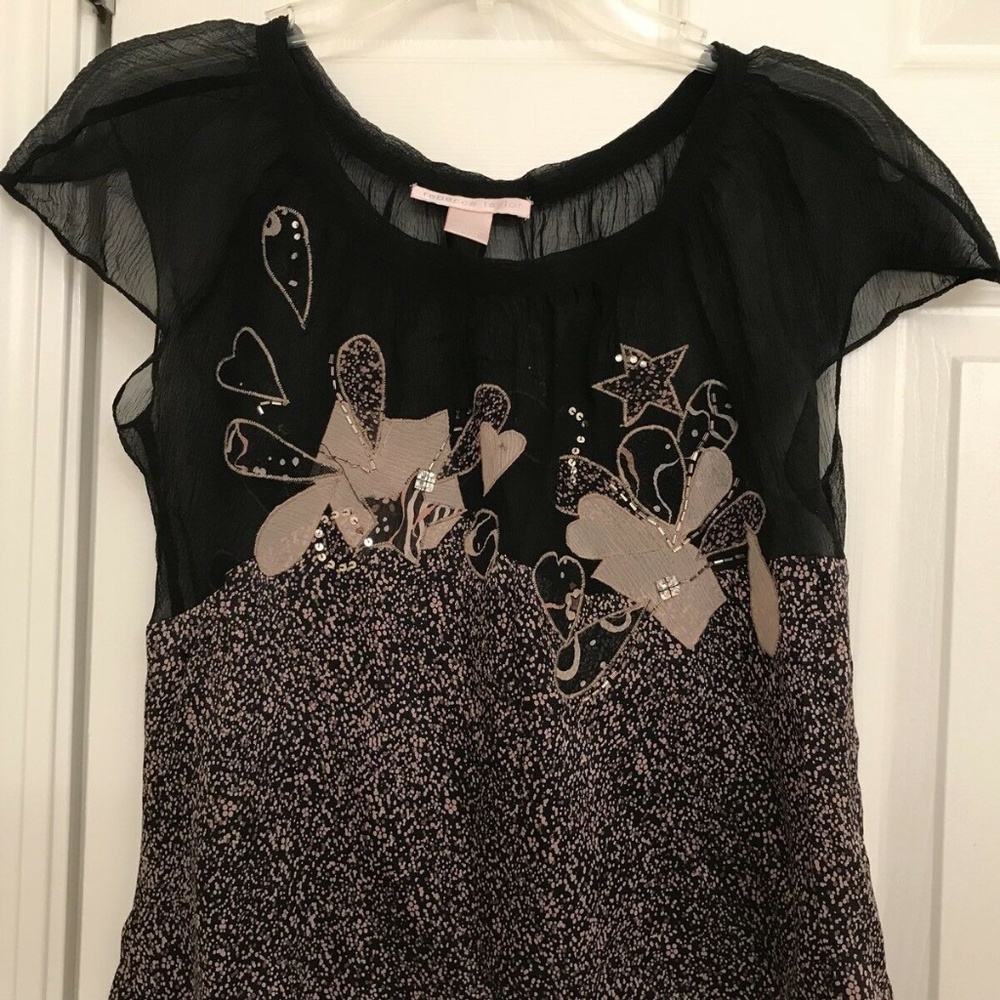 Rebecca Taylor Black Silk with floral Sequins Top